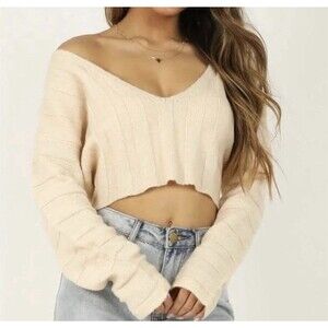 Forever 21 Large Ribbed Knit Crop Sweater Sz M Beige Moon-Shaped Hem